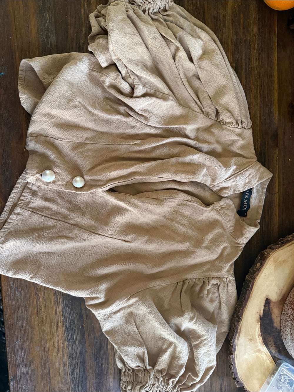 Beige Puff Sleeve Blouse with Pearl Buttons
